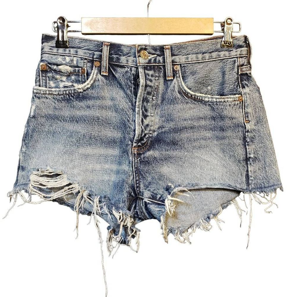 Agolde Distressed Cut Off Button Fly Denim Shorts 5 pockets